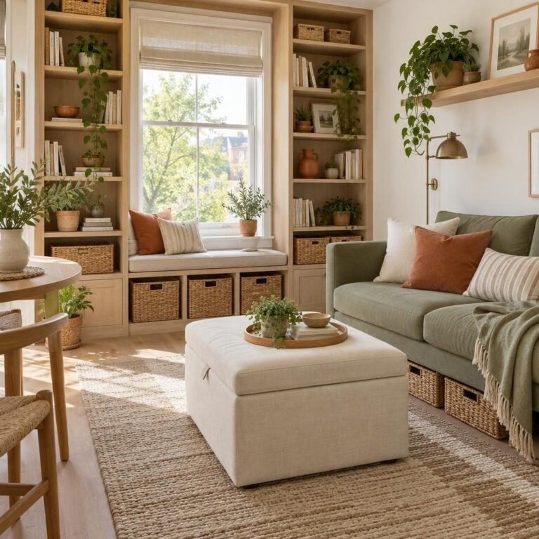 Storage ideas for small spaces: bright studio apartment with floor-to-ceiling oak shelves around a window, a storage ottoman and baskets under a sage sofa