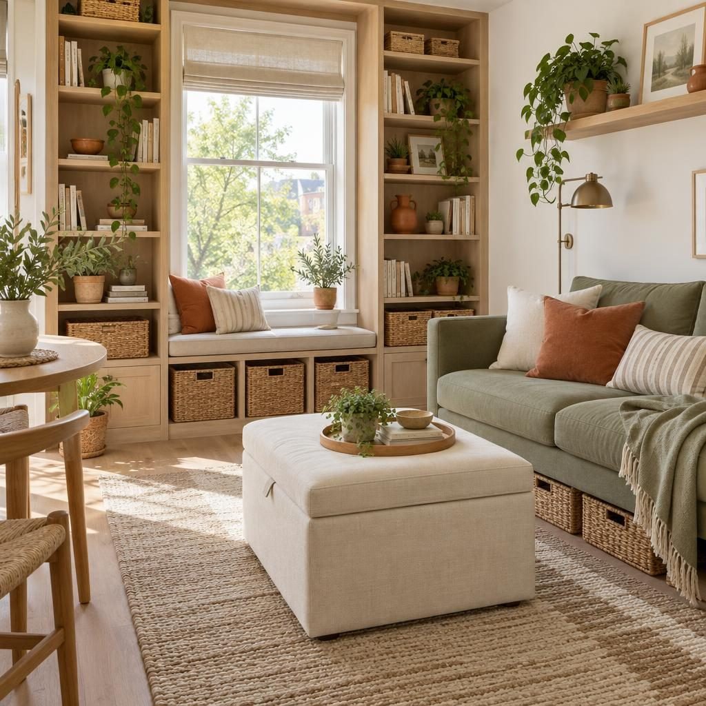 Storage ideas for small spaces: bright studio apartment with floor-to-ceiling oak shelves around a window, a storage ottoman and baskets under a sage sofa