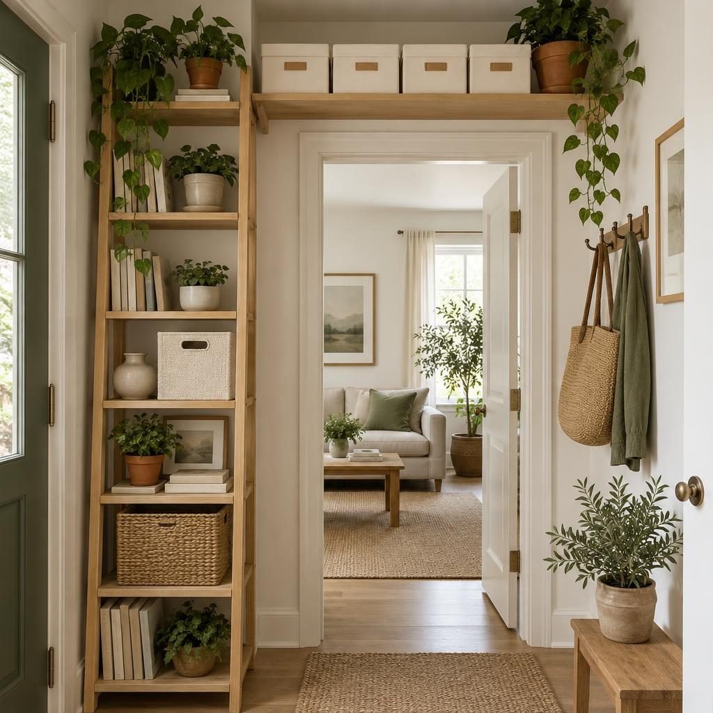 Vertical storage in a small apartment: tall ladder shelf, a shelf above the doorway with storage boxes and wall hooks holding a tote bag