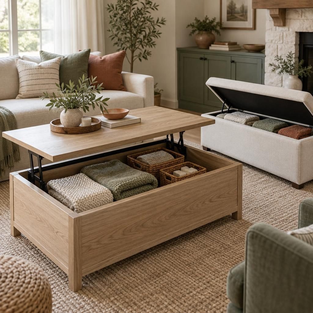 Lift-top coffee table opened to show stored blankets next to a storage bench with folded throws inside