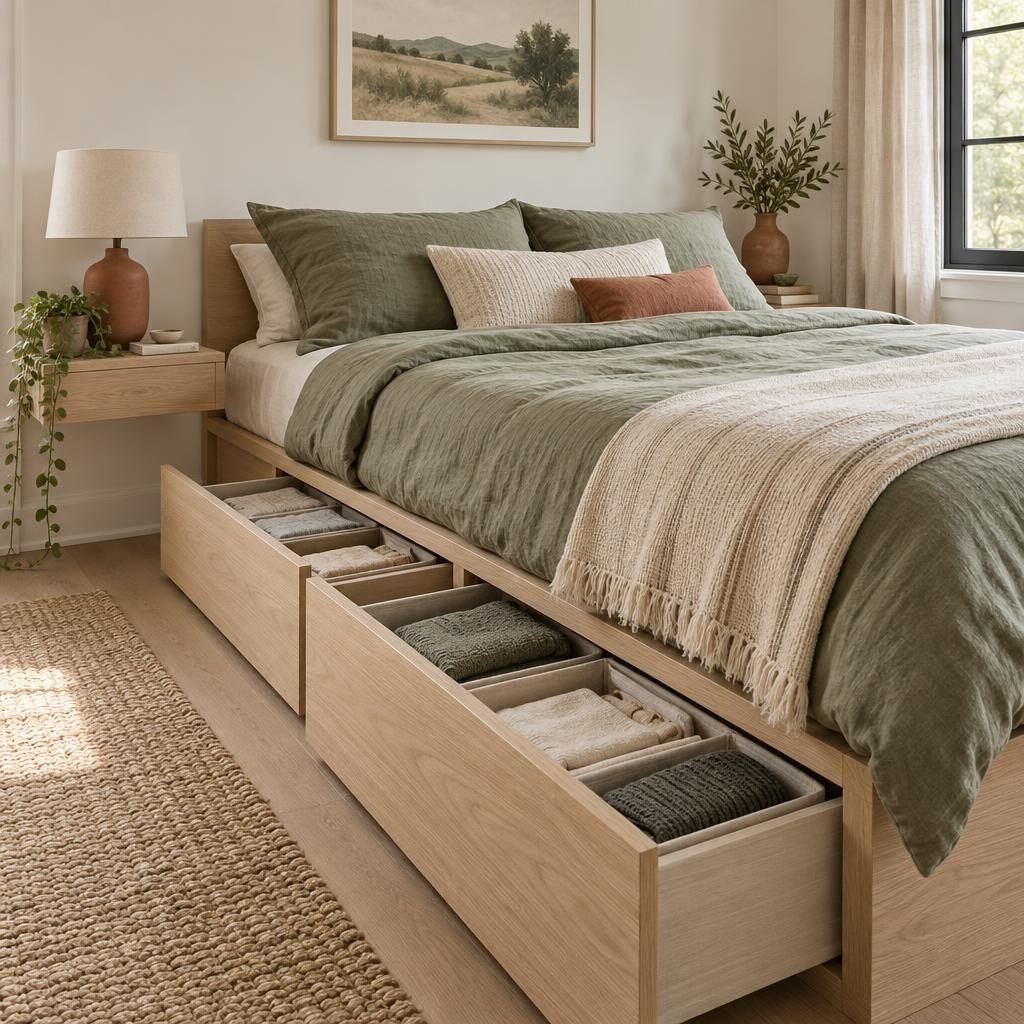 Small bedroom with an oak platform bed and two pull-out drawers holding folded sweaters and linens