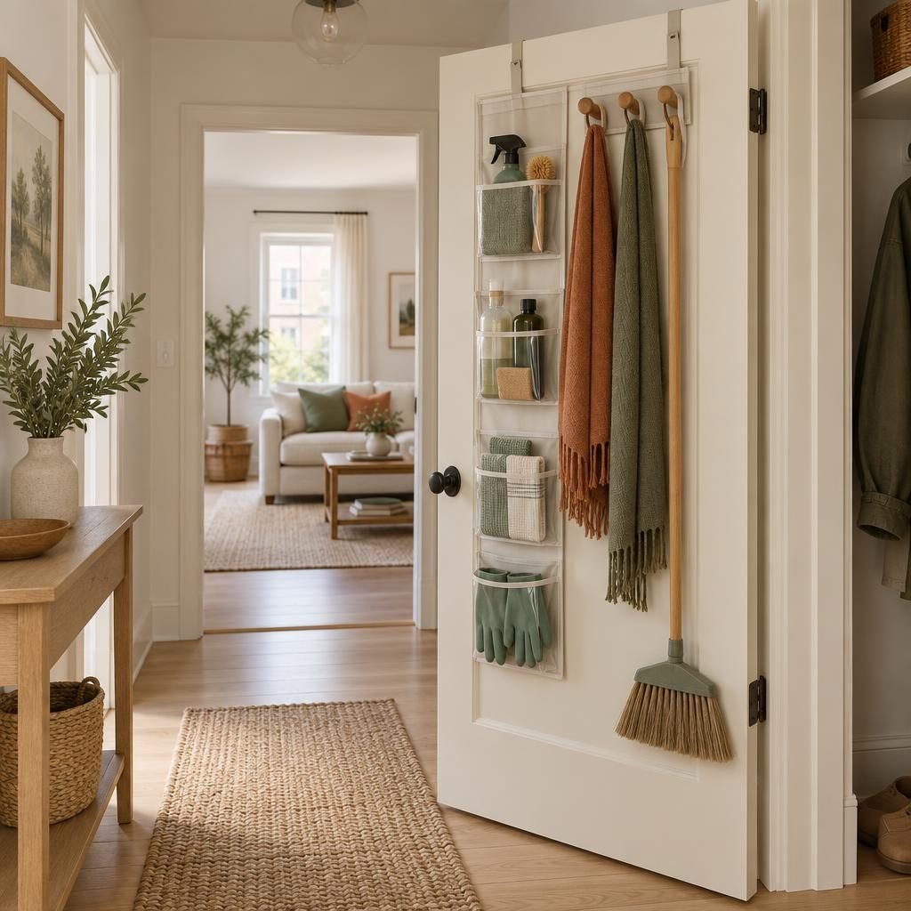 Over-the-door organizer with clear pockets and wooden hooks holding cleaning supplies, scarves and a broom