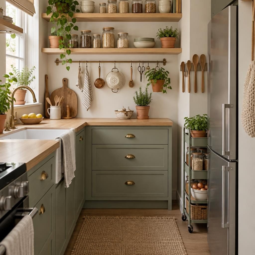 Tiny apartment kitchen with a slim rolling cart beside the fridge, a wall rail with hanging utensils and open shelves with jars