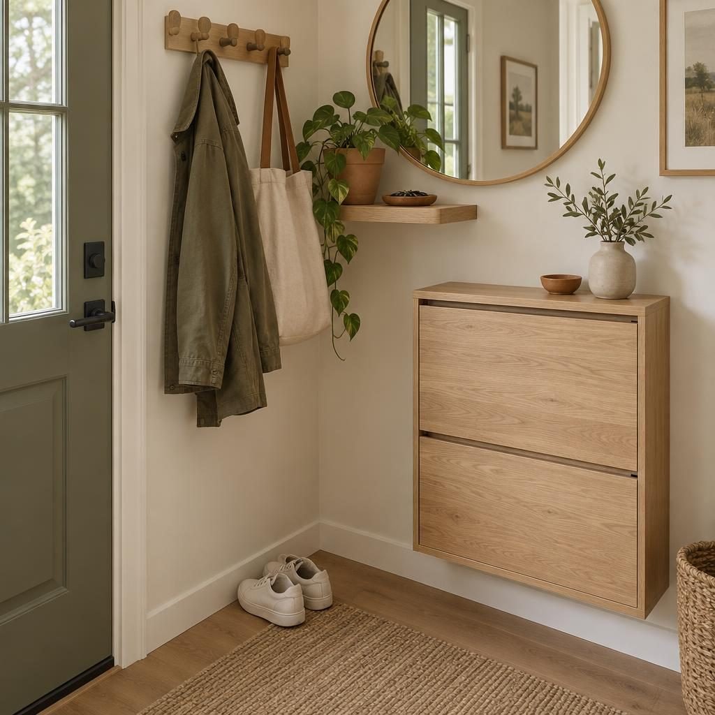 Small entryway corner with a wall-mounted oak shoe cabinet, peg hooks with a coat and tote and a round mirror