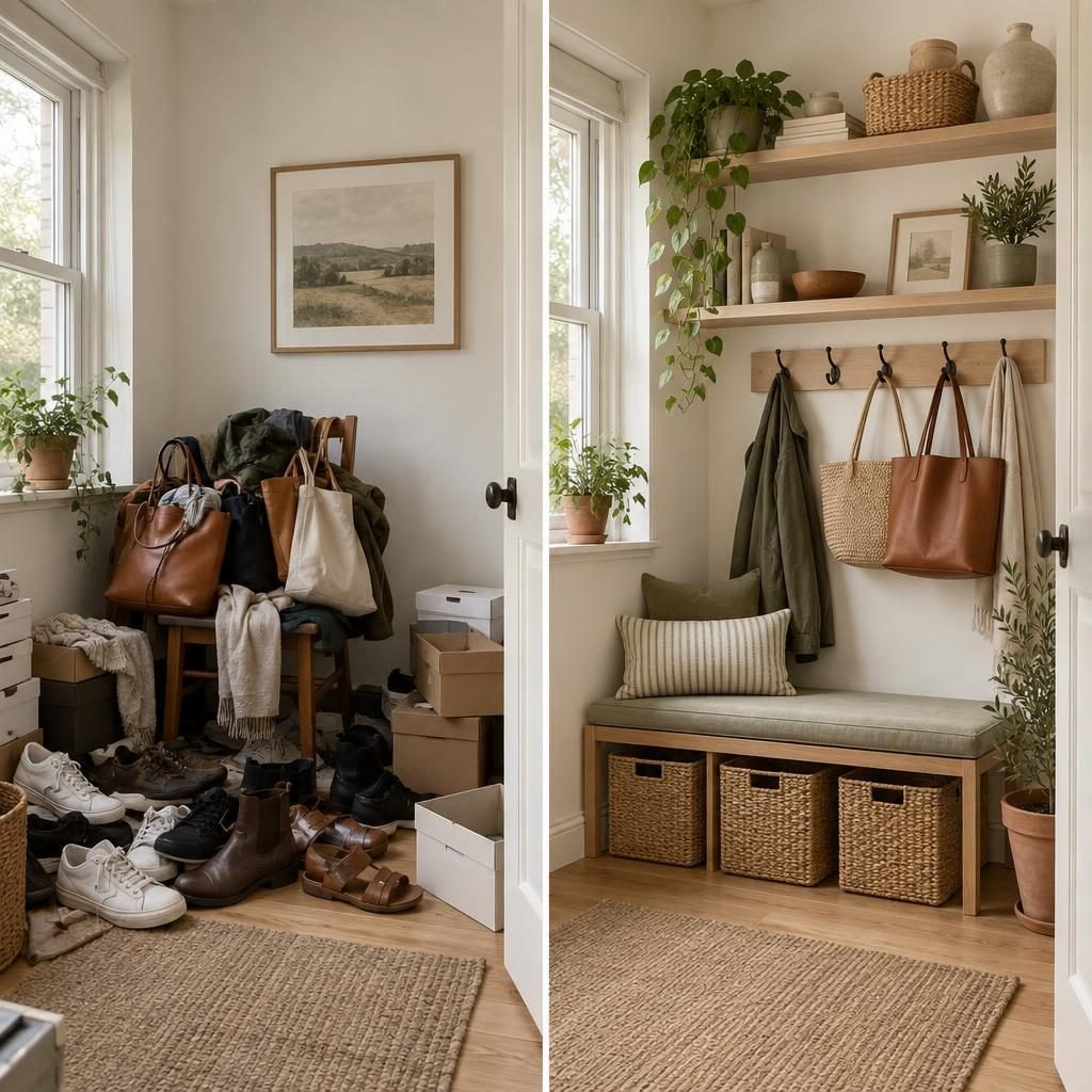 Small space storage before and after: cluttered studio corner with shoes and boxes on the floor next to the same corner organized with shelves, hooks and baskets