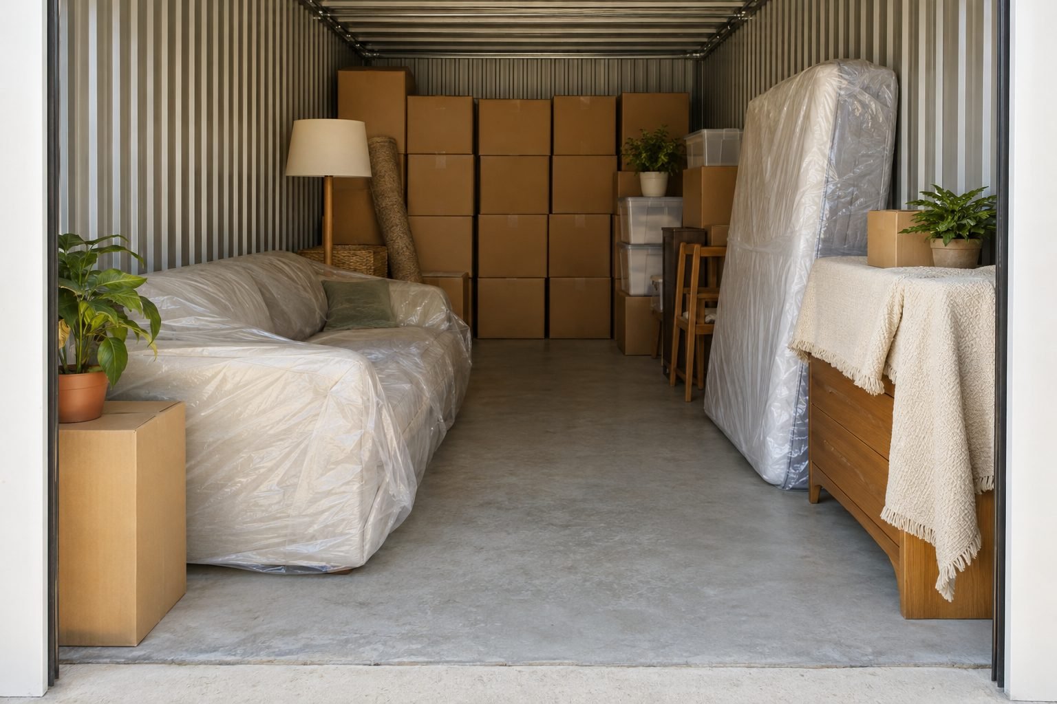 Storage unit with same-size boxes stacked along the back wall, a wrapped sofa and mattress along the sides and a clear aisle down the middle