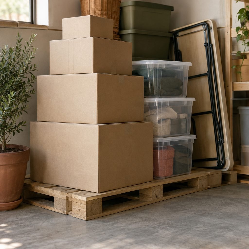 Cardboard boxes stacked largest to smallest on a wooden pallet beside clear plastic bins of folded linens