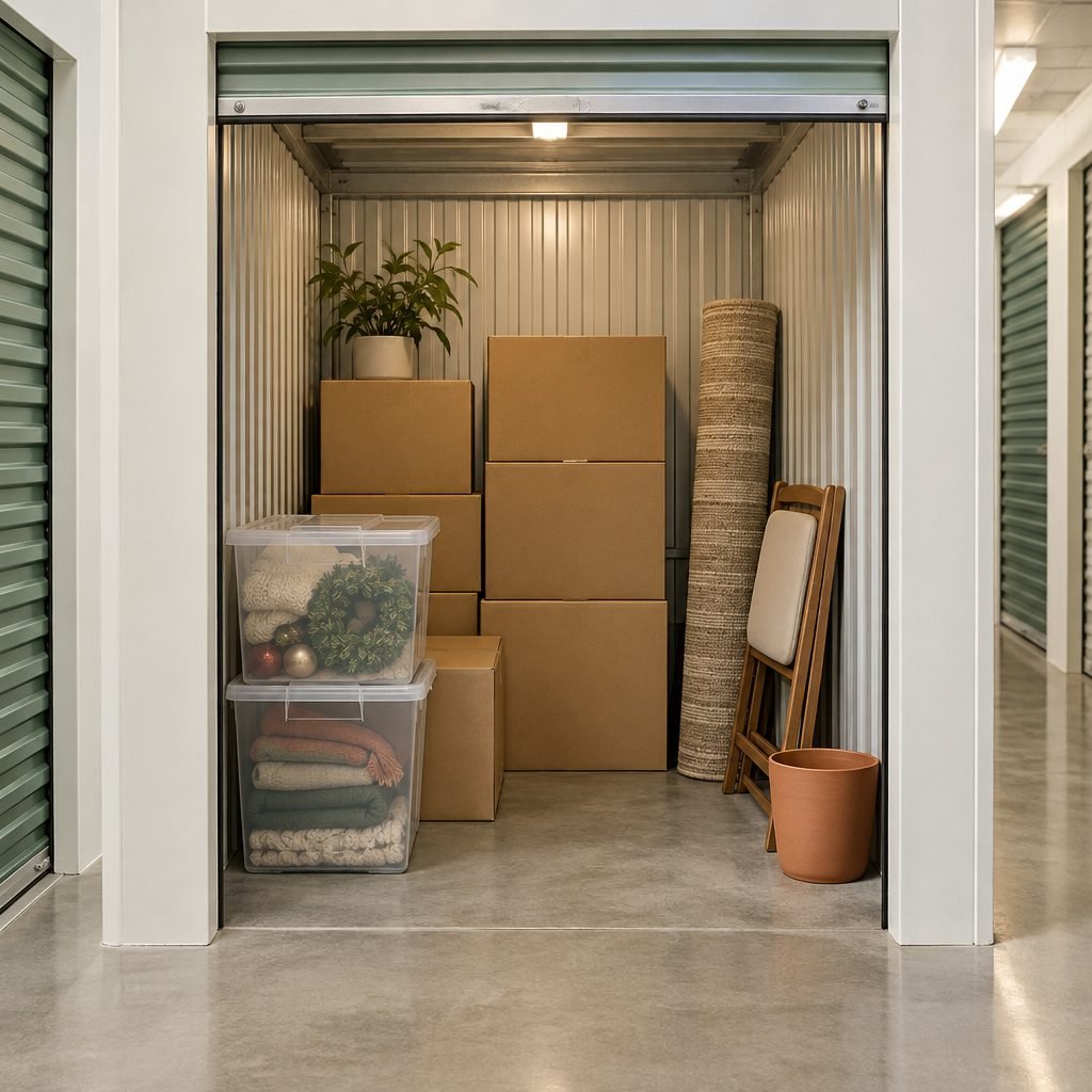 Small 5 x 5 storage unit with stacked boxes, clear bins of holiday decor and blankets, a rolled rug and a folding chair