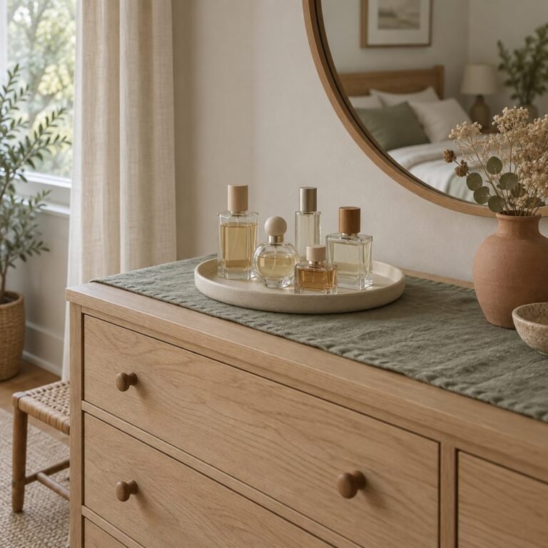 Unbranded perfume bottles on a cream ceramic tray on a white oak bedroom dresser, out of direct sunlight