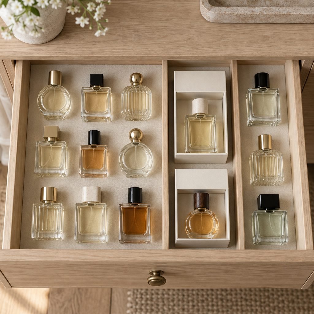 Perfume bottles standing upright in a felt-lined dresser drawer with wooden dividers, two kept in their boxes