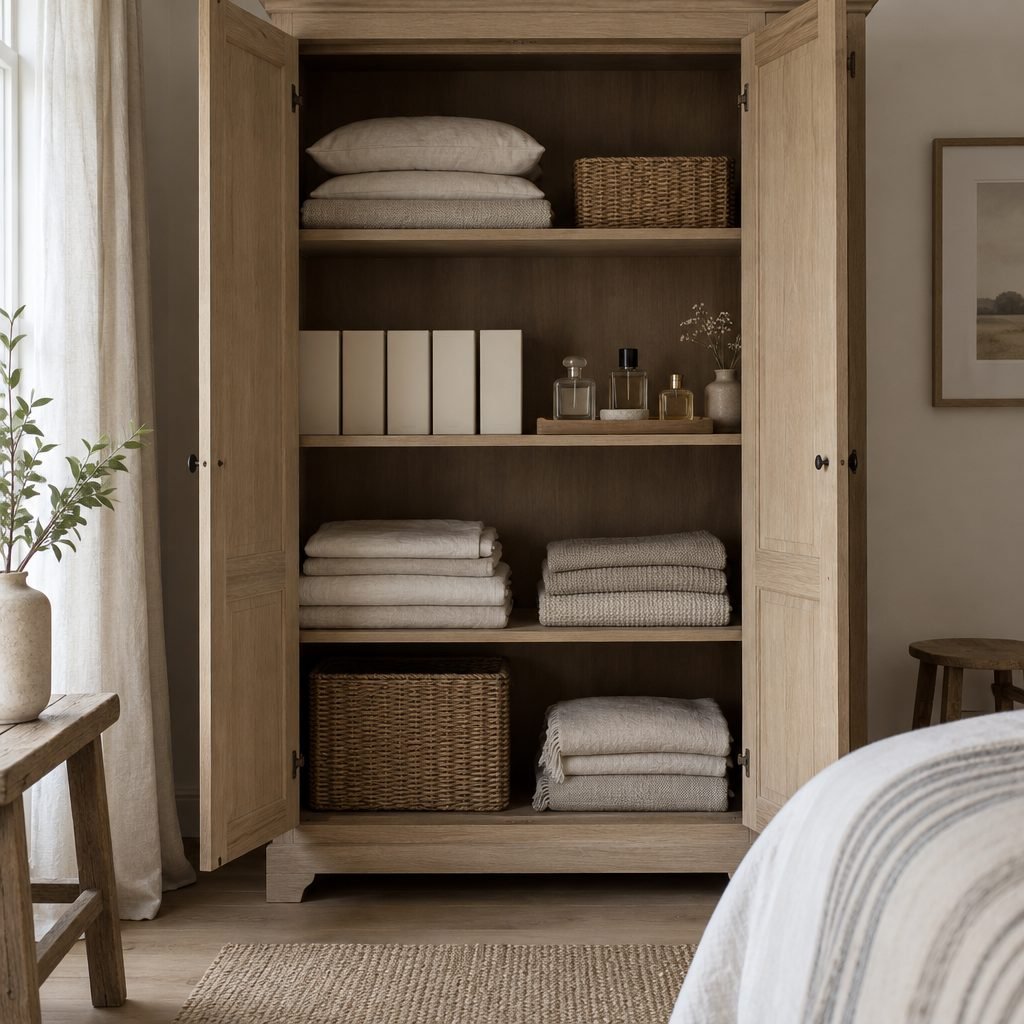 Open white oak bedroom cabinet with perfume boxes and a small tray of perfume bottles on the middle shelf between folded linens