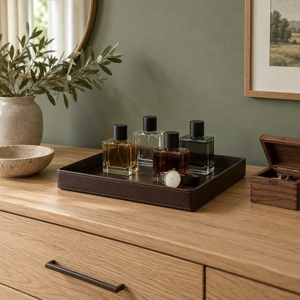 Four square cologne bottles and a wristwatch on a brown leather valet tray on a white oak dresser