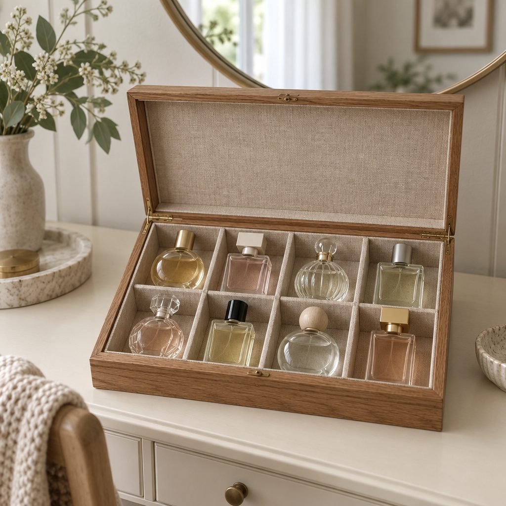 Wooden perfume box with a hinged lid and linen-lined compartments holding eight perfume bottles on a cream vanity