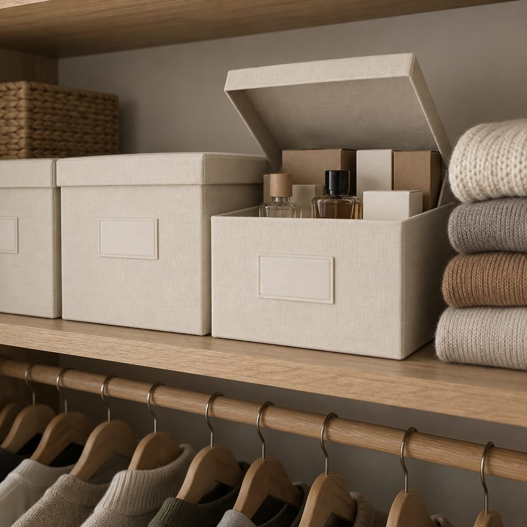 Cream lidded storage box on a closet shelf, open to show perfume bottles and their original boxes, next to folded sweaters