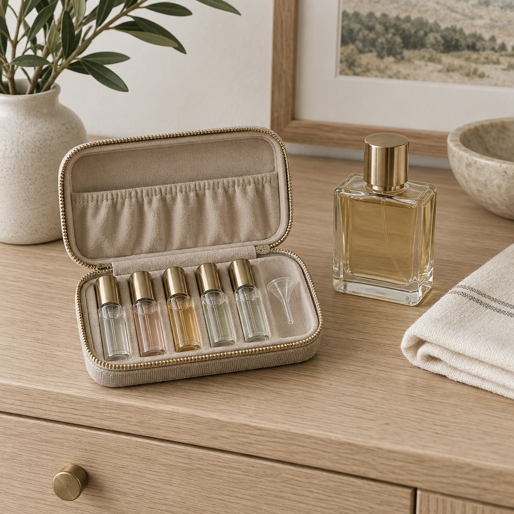 Small zip travel case holding five refillable glass perfume atomizers and a mini funnel next to a full perfume bottle on a white oak dresser
