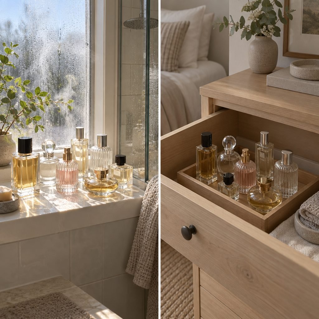 Before and after: perfume bottles in sun and steam on a bathroom windowsill, then moved to a tray inside a shaded bedroom dresser drawer