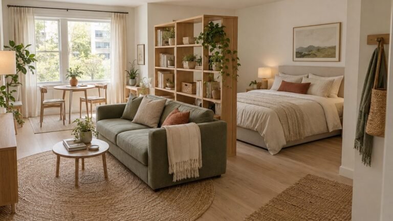 Studio apartment with the bed behind an open bookshelf divider, a sofa on a rug and a dining table by the window