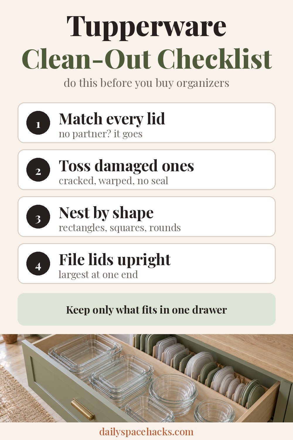 Tupperware clean-out checklist: match every lid, toss damaged ones, nest by shape, file lids upright