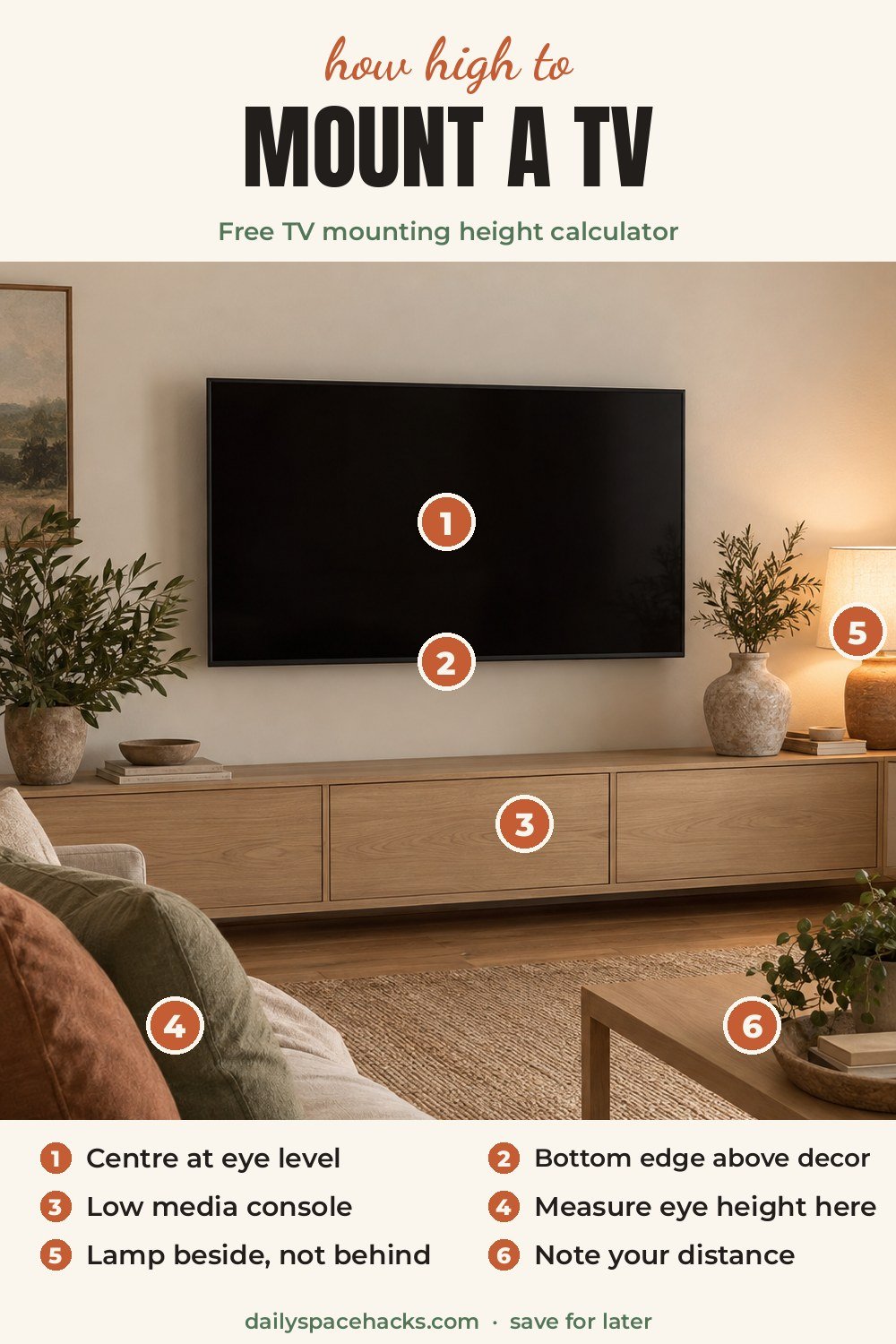 How high to mount a TV: center of the screen at eye level above a low media console