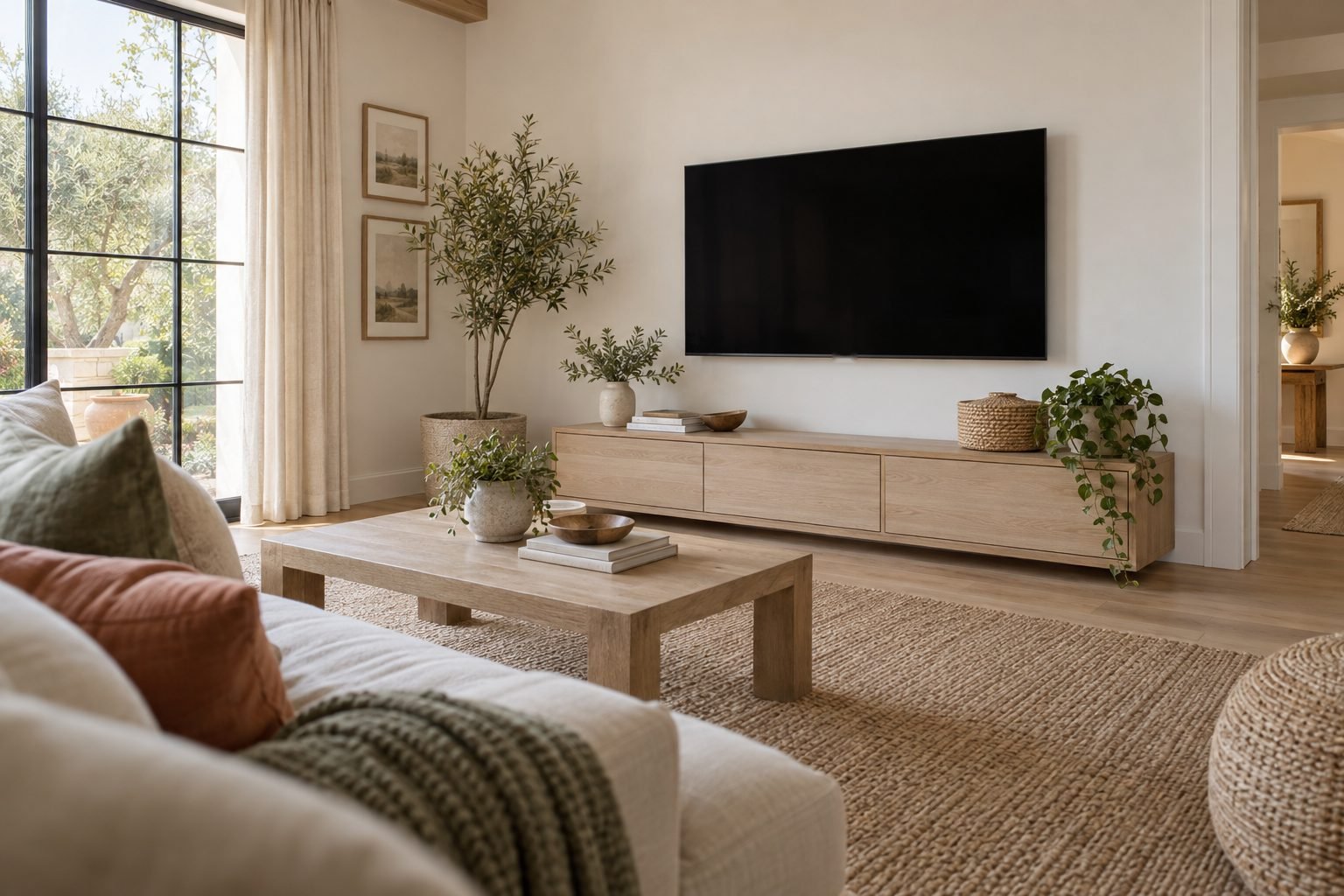 Black wall-mounted TV above a floating light oak media console in a bright living room, seen from behind a cream sofa