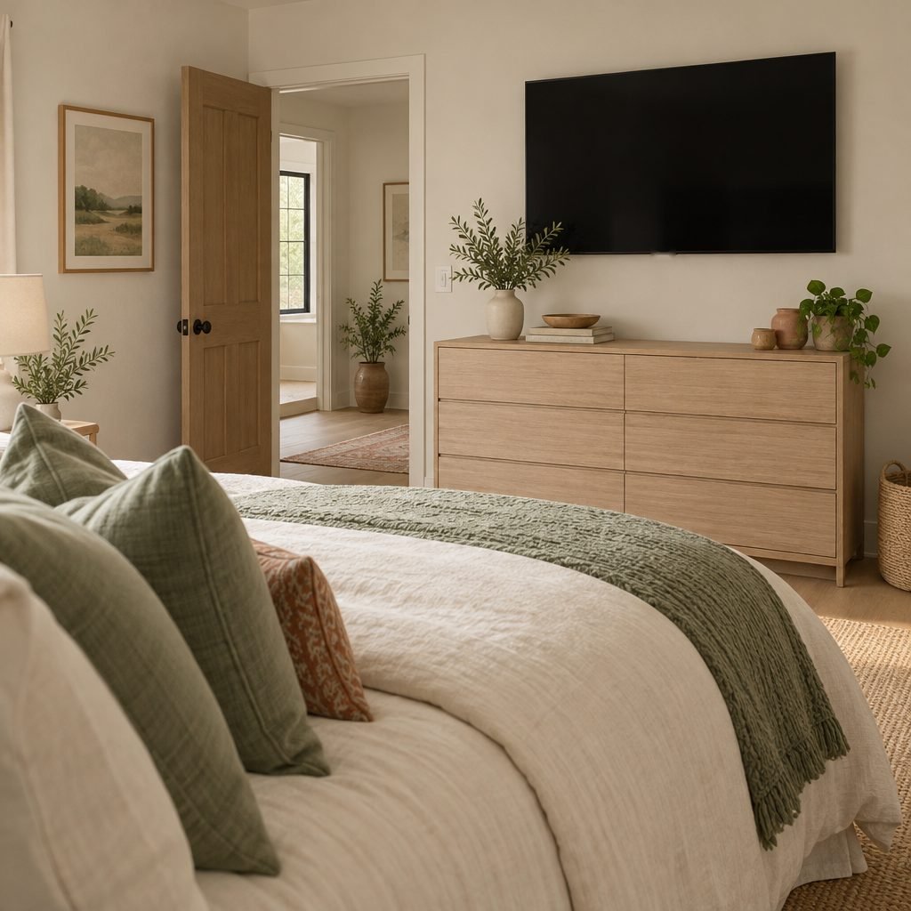 Wall-mounted black TV above a light oak dresser, seen from the foot of a bed with sage green pillows and a throw