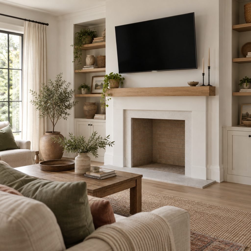Black TV mounted high above a white fireplace with an oak mantel, tilted slightly down, between built-in shelves