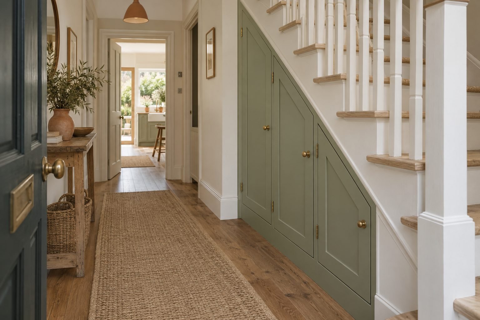 Under stairs cupboard doors: three sage green shaker doors with angled tops that follow the slope of a straight staircase in a British hallway