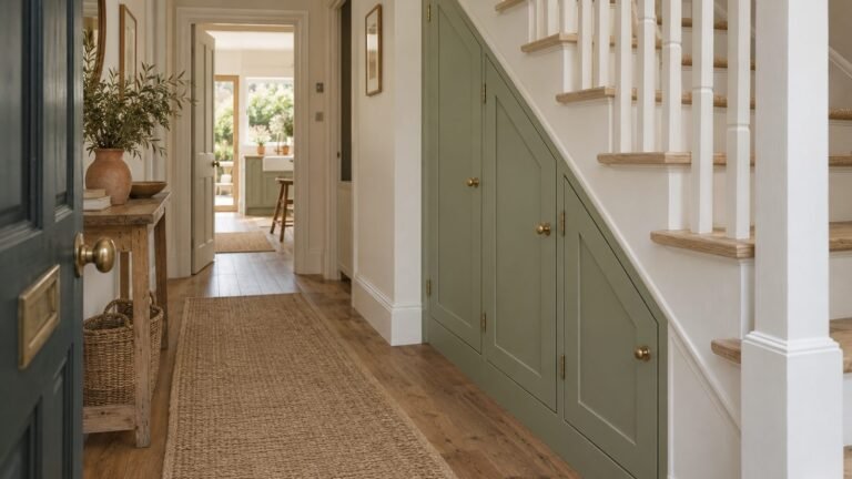 Sage green under stairs cupboard doors with angled tops built into the side of a staircase in a bright hallway