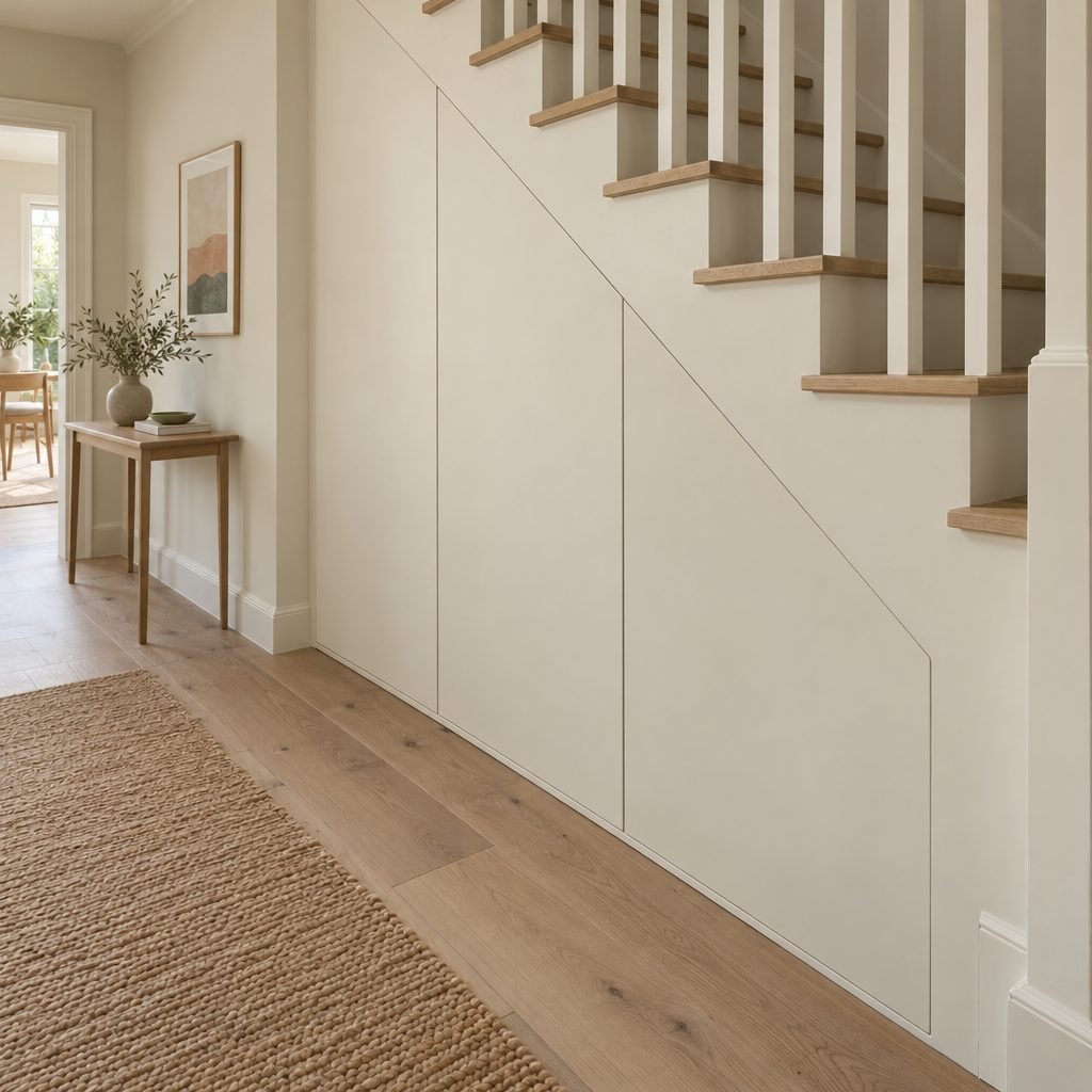 Hidden handleless under stairs cupboard doors painted the same cream as the wall, visible only as thin shadow lines with angled tops