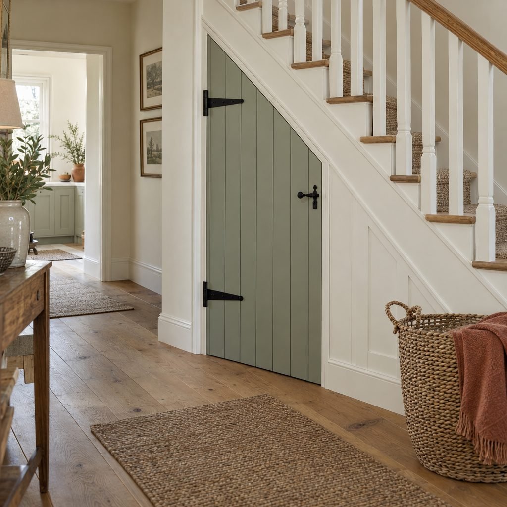 Pale sage ledged tongue and groove under stairs cupboard door with an angled top, black T hinges and a thumb latch