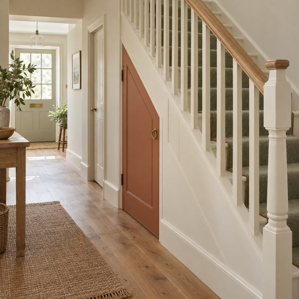 Terracotta painted under stairs cupboard door with a brass ring pull and an angled top in a cream hallway with a sage stair runner