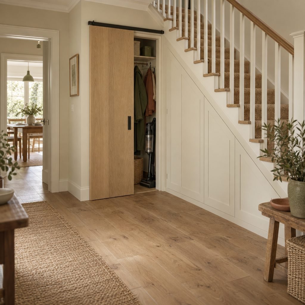 Oak sliding door on a black top track half open at the tall end of an under stairs cupboard, showing coats and a vacuum inside