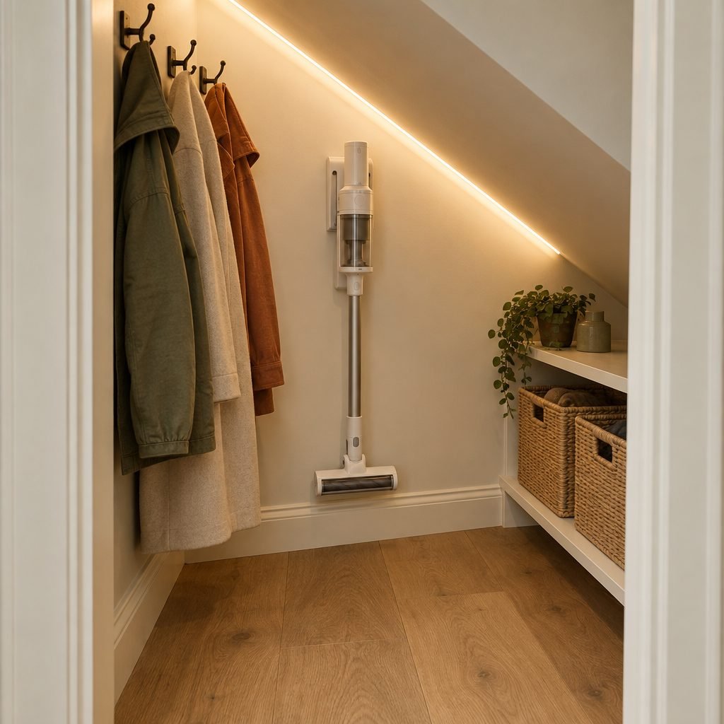 Inside a tidy under stairs cupboard with an LED strip along the sloping ceiling, coats on hooks, a stick vacuum on the wall and baskets on a low shelf