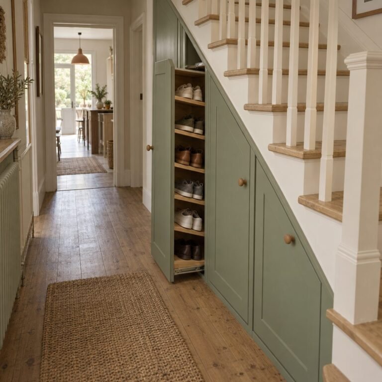 Under stairs shoe storage: sage green pull-out units built under a straight staircase, the tallest unit pulled out into the hallway showing pairs of shoes on flat shelves