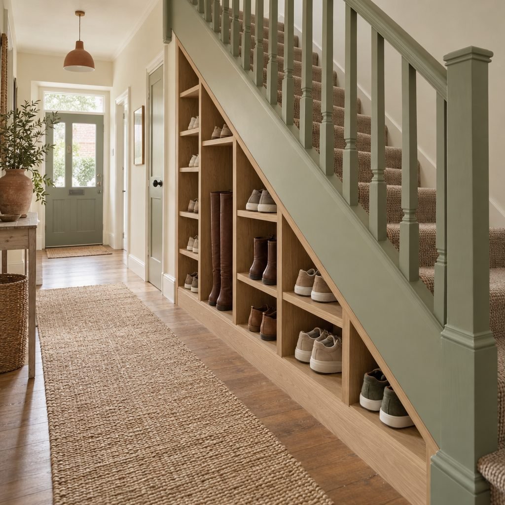 Open white oak cubbies under the low end of a staircase, each holding one pair of shoes, with boots in the taller cubbies