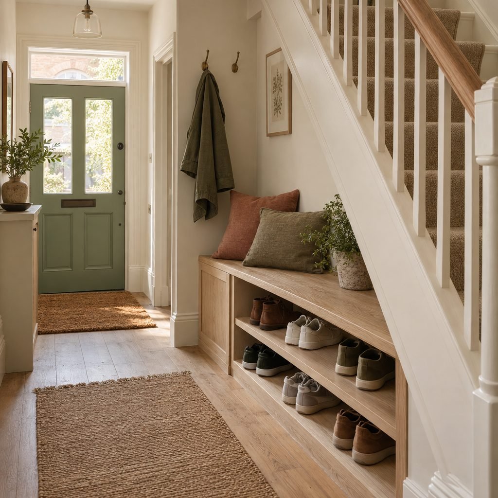 Built-in oak bench under the tall end of a staircase with two shelves of shoes below and a coat on a wall hook beside it