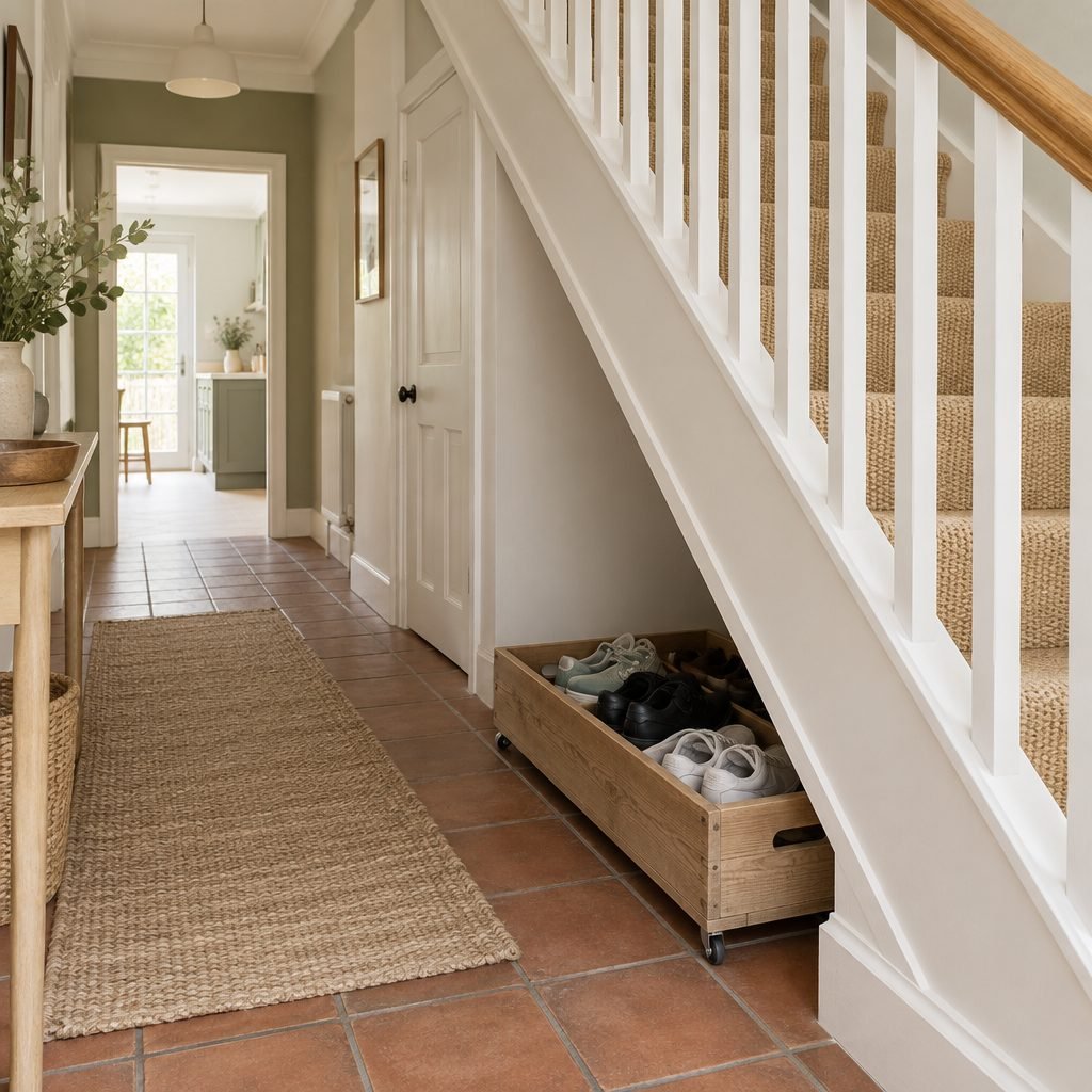 Low wooden crate on castors pulled half out from under the lowest steps, holding pairs of trainers and school shoes on a terracotta tile floor