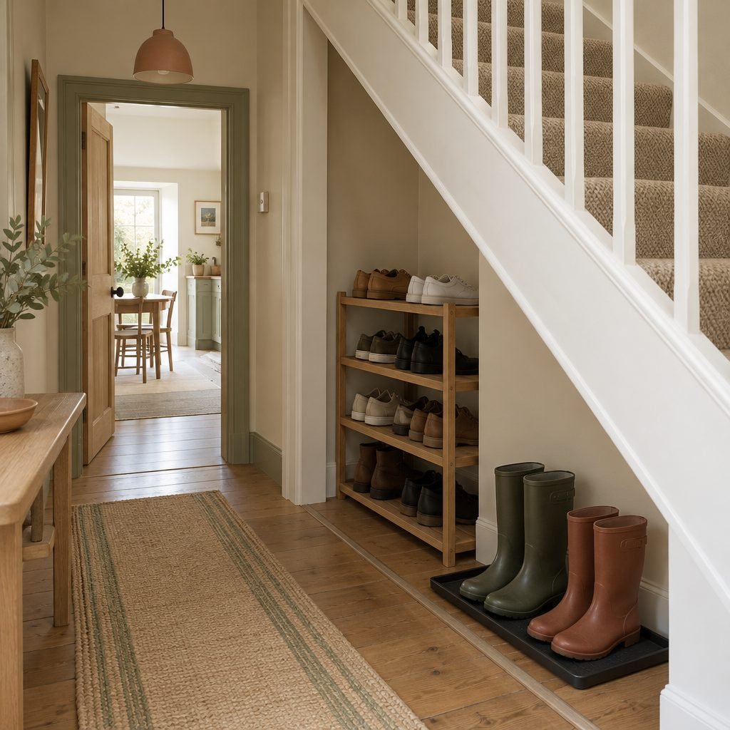 Open alcove under a staircase with tiered wooden shoe racks holding pairs of shoes and a boot tray with two pairs of wellies at the front