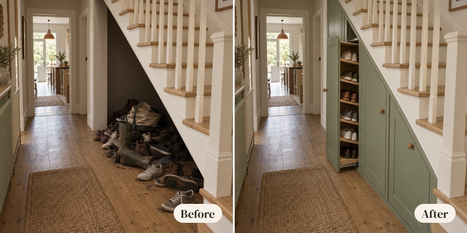 Under stairs shoe storage before and after: a heap of shoes under an open staircase on the left; the same hallway with sage pull-out shoe units under the stairs on the right