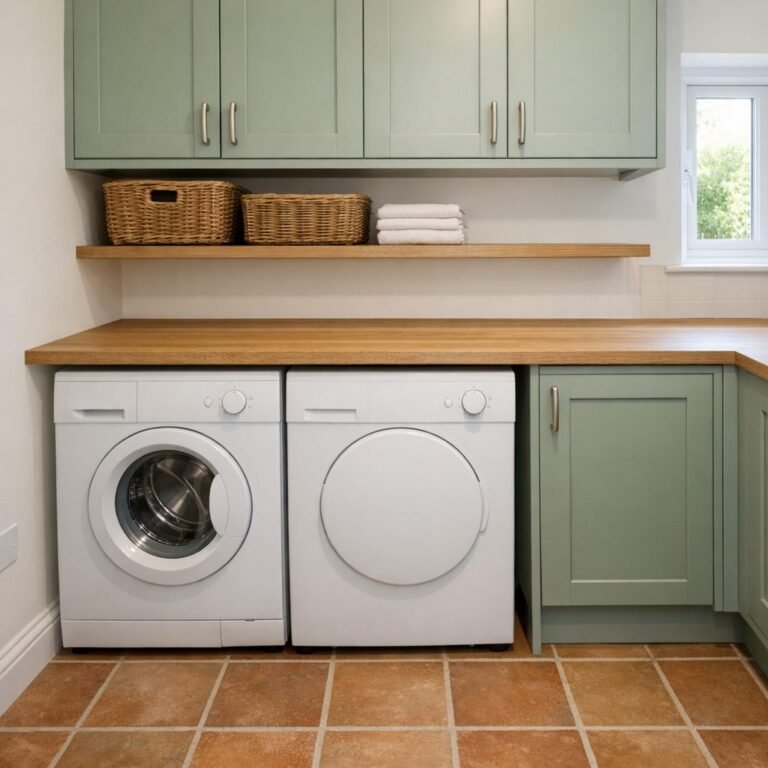 Small utility room with a white washing machine and tumble dryer side by side under a continuous oak worktop, a sage base cupboard, sage wall cabinets, an open shelf with baskets and terracotta floor tiles