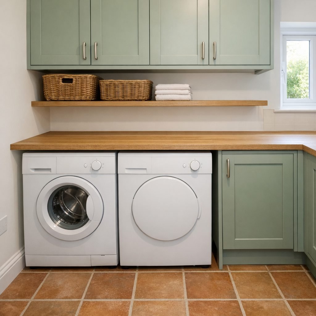 Small utility room with a white washing machine and tumble dryer side by side under a continuous oak worktop, a sage base cupboard, sage wall cabinets, an open shelf with baskets and terracotta floor tiles