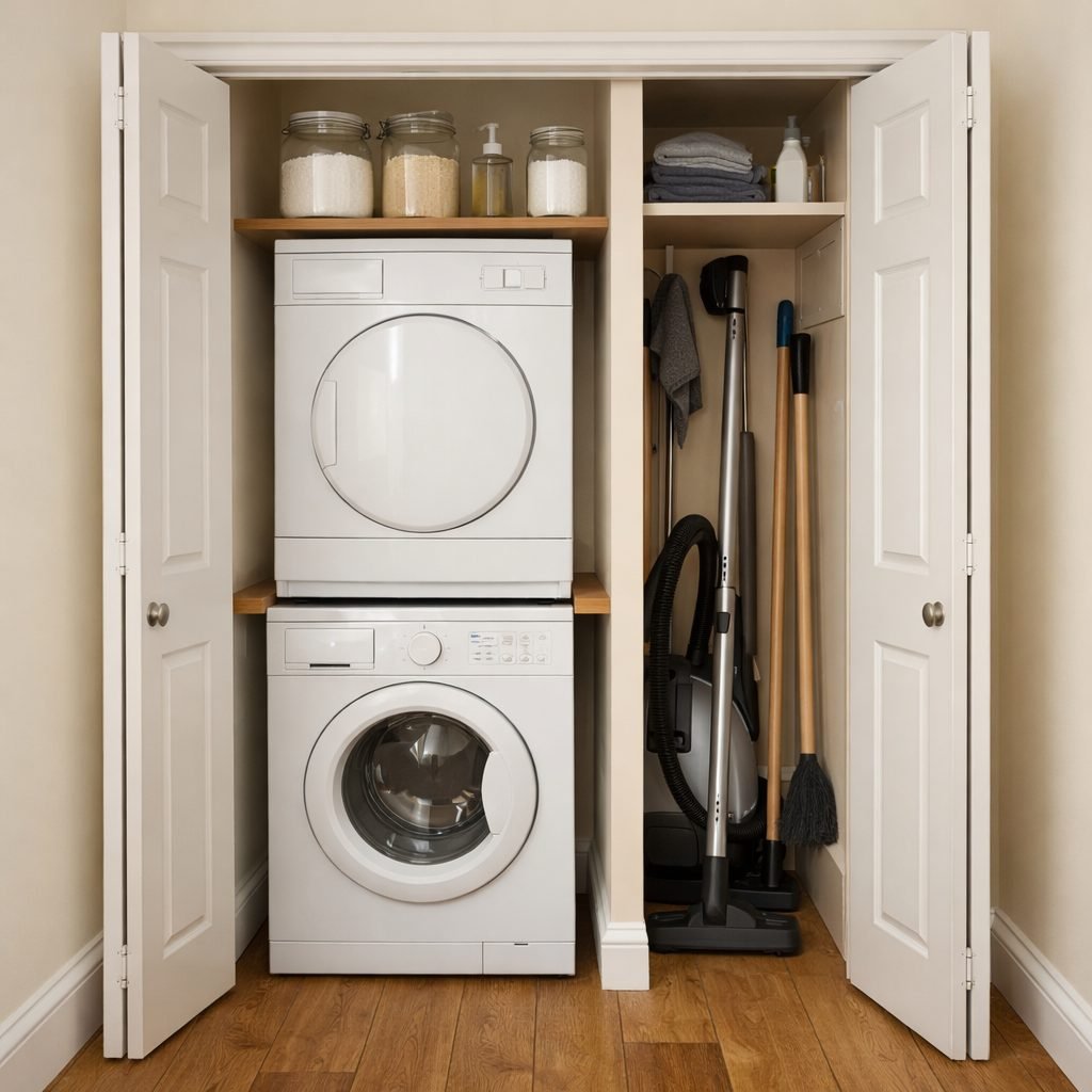 Hallway utility cupboard with white bifold doors open, a tumble dryer stacked on a washing machine, glass jars on a shelf above and a tall broom cupboard beside it