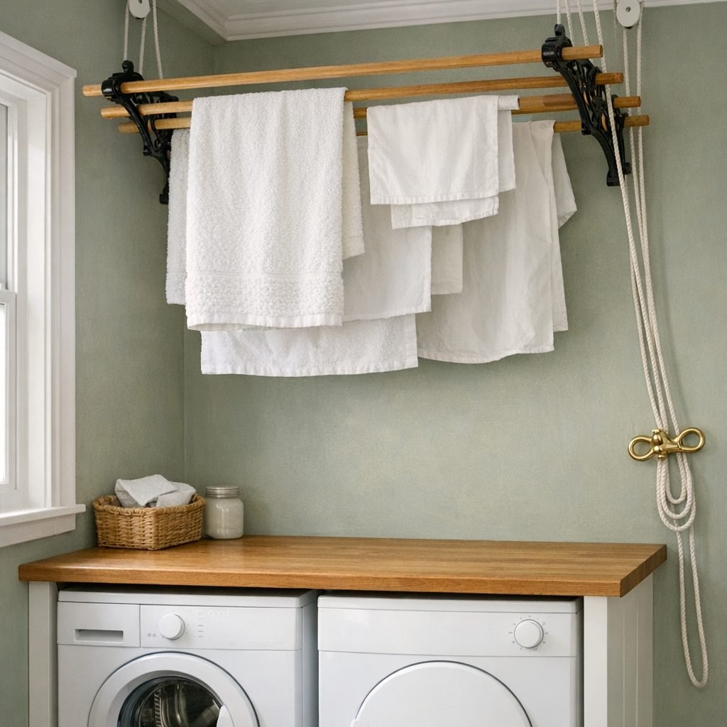 Victorian ceiling pulley airer with cast-iron ends and wooden rails holding white towels, its ropes running over ceiling pulleys to a brass fitting on the wall, above an oak worktop over a washing machine and tumble dryer