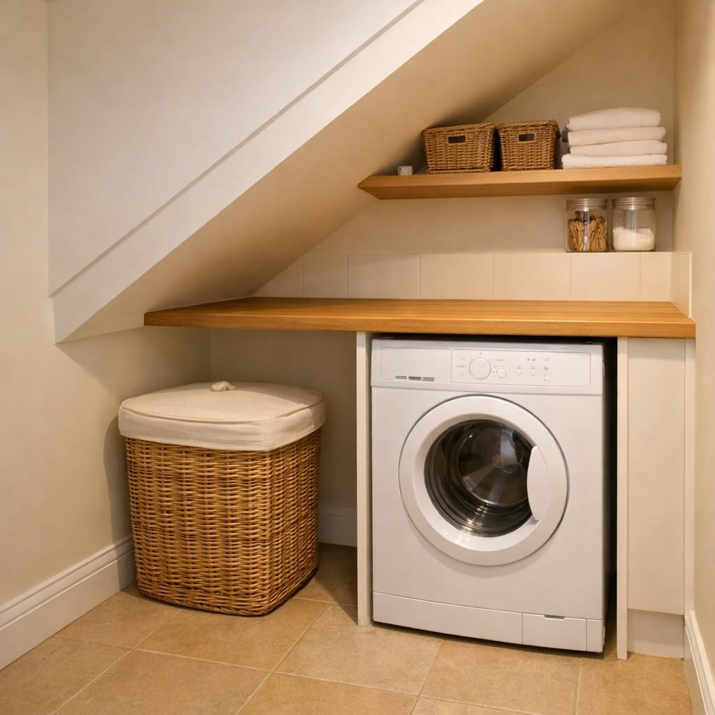 Utility area under a staircase with a white washing machine under a white oak worktop, a small shelf of baskets and towels above and a lidded wicker laundry basket at the lower end