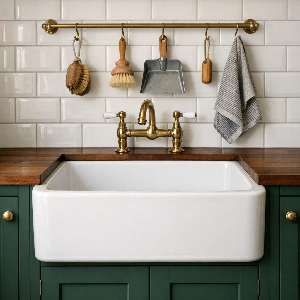 White Belfast sink on dark green shaker cabinets with a brass bridge tap, a walnut worktop behind it and a brass wall rail holding scrubbing brushes, a dustpan and a cloth against white metro tiles