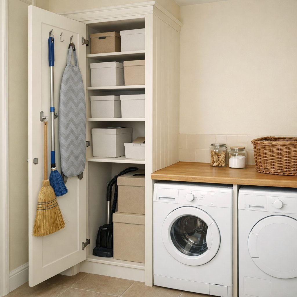 Tall white cupboard with its door open showing a mop, a broom and an ironing board hanging on hooks inside the door and plain storage boxes on shelves, beside an oak worktop over a washing machine and dryer