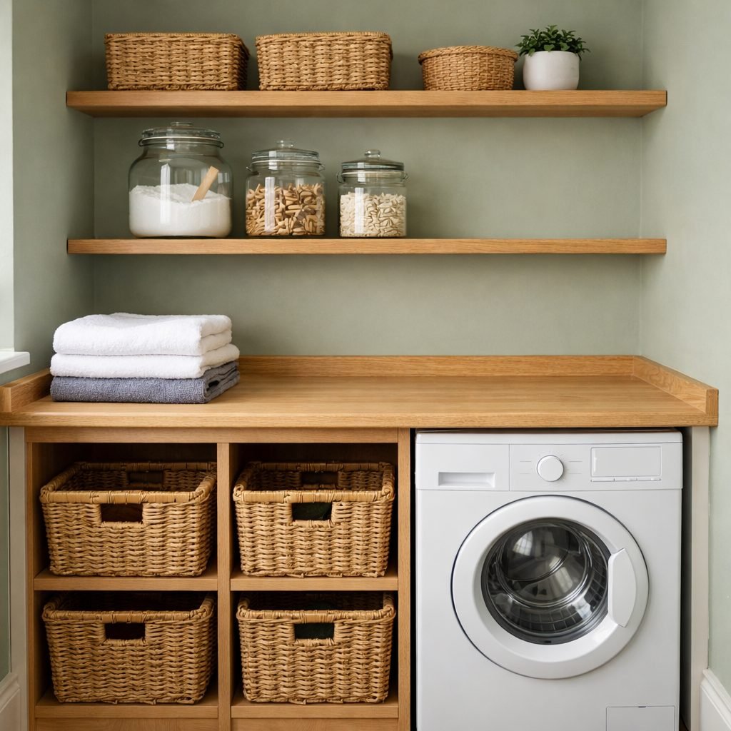 Small utility room with open oak shelves holding baskets and glass jars of laundry powder and pegs, folded towels on the worktop and woven sorting baskets in cubbies beside a washing machine