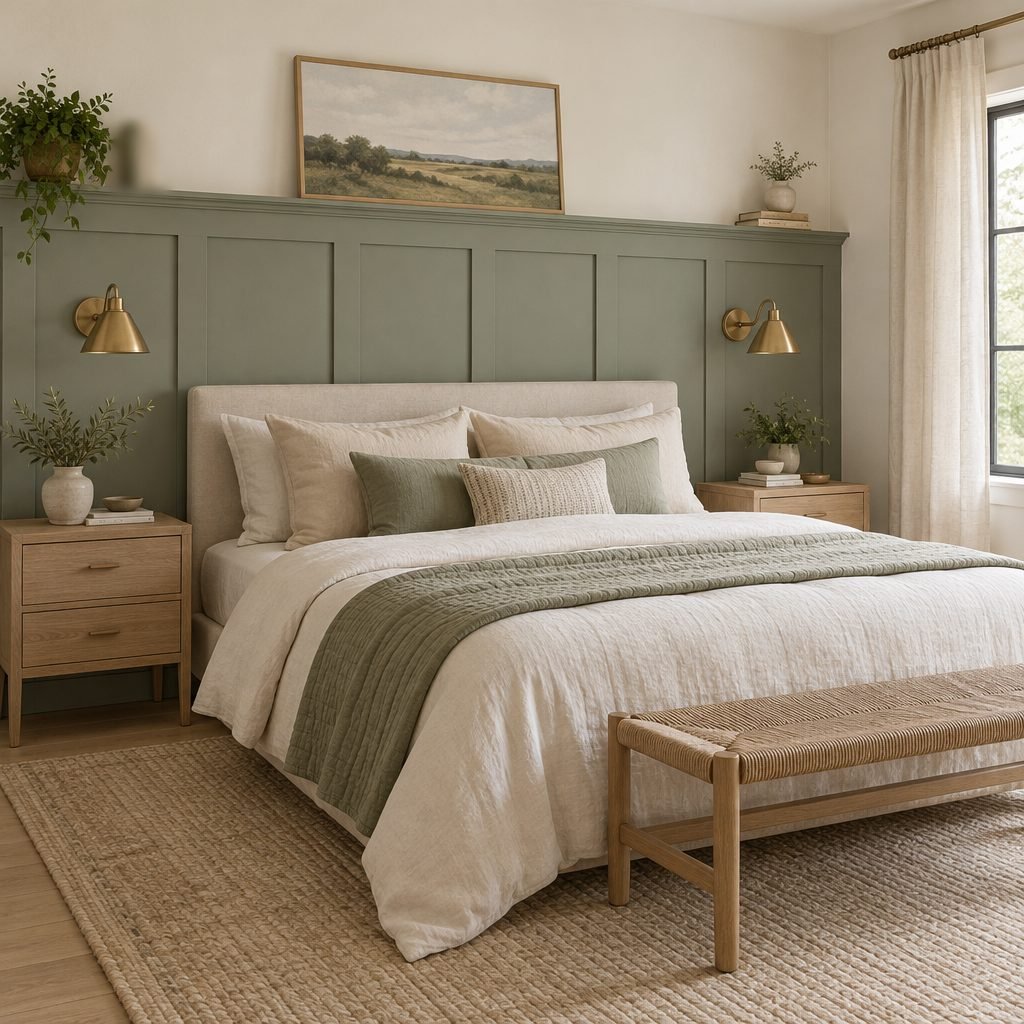 Bedroom with sage green shaker style flat panel wainscoting about 5 ft high, topped with a picture ledge holding art