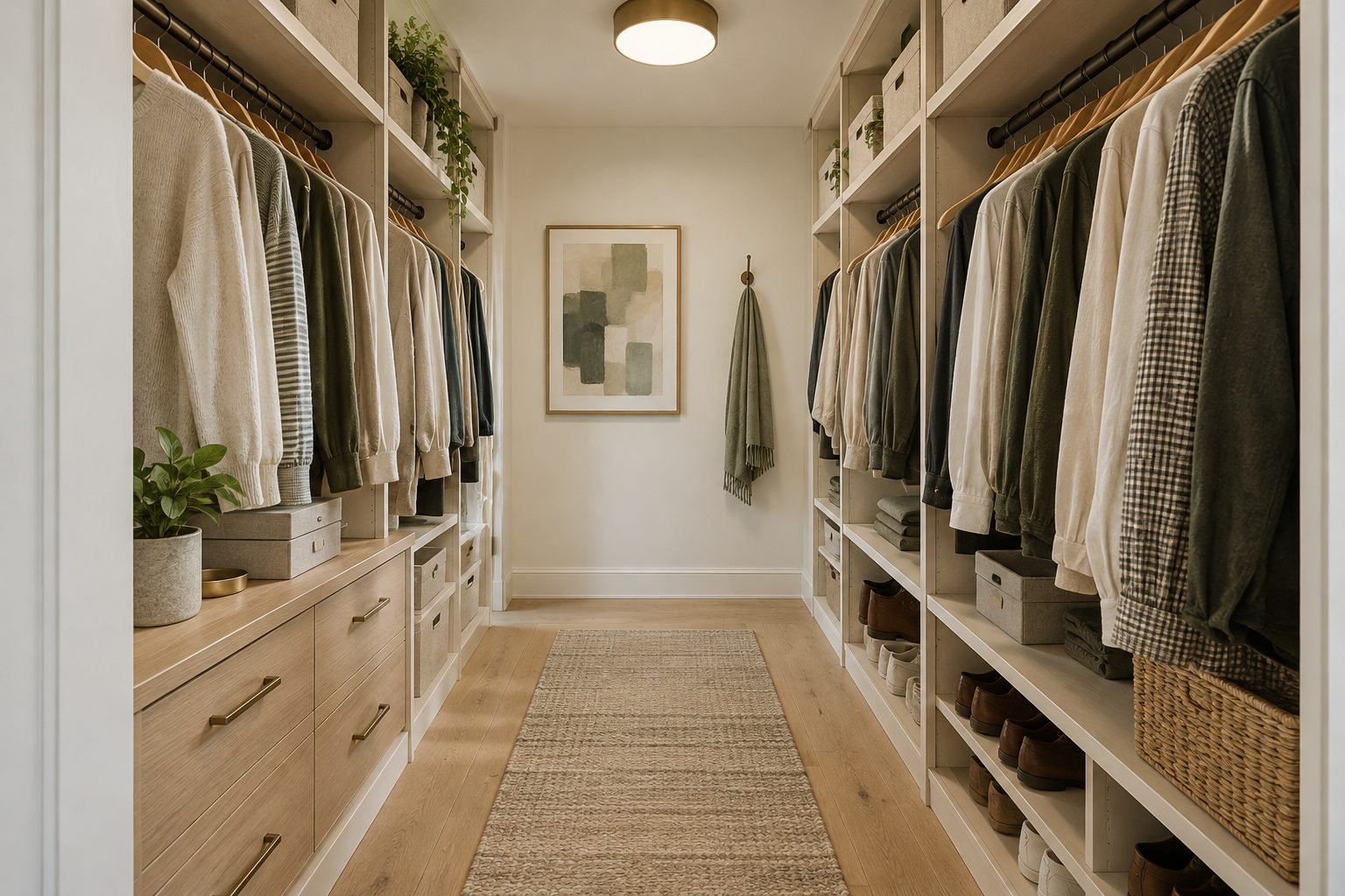 Two-wall walk-in closet with hanging clothes on both facing sides, drawers, shoe shelves and a jute runner down the middle