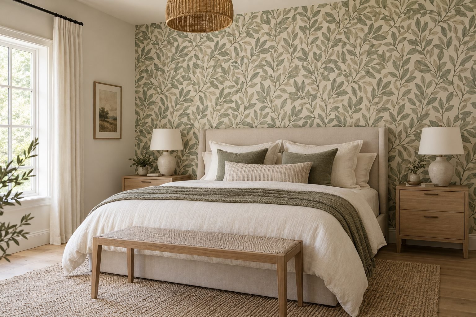 Bedroom with a sage green leaf-pattern wallpaper feature wall behind a linen bed and two white oak bedside tables